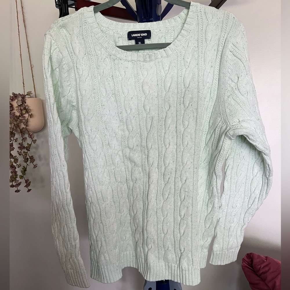 Lands' End Mint Cable Knit Sweater, x-large